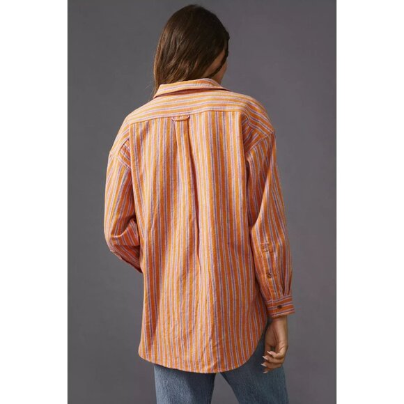 PILCRO Oxford Tunic Orange Pink Striped Cotton Linen Button Down Shirt, Size XS - Picture 3 of 16